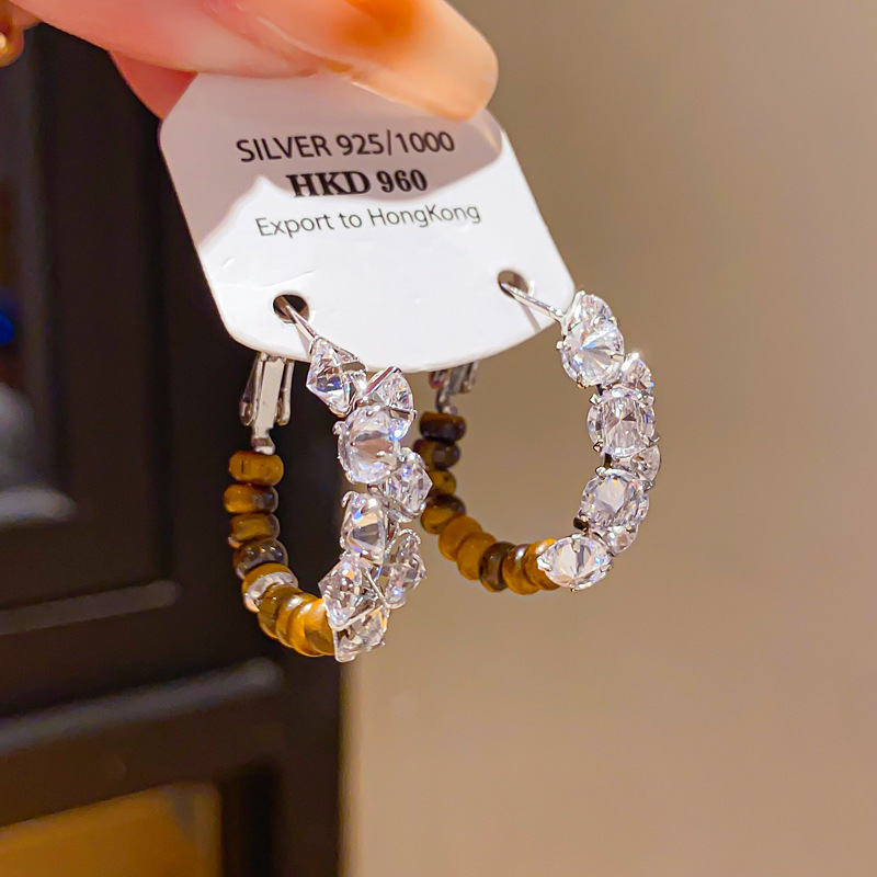 Bông tai tròn basic màu bạc thiết kế Hàn quốc cao cấp đá mắt hổ mix đá zircon B2967