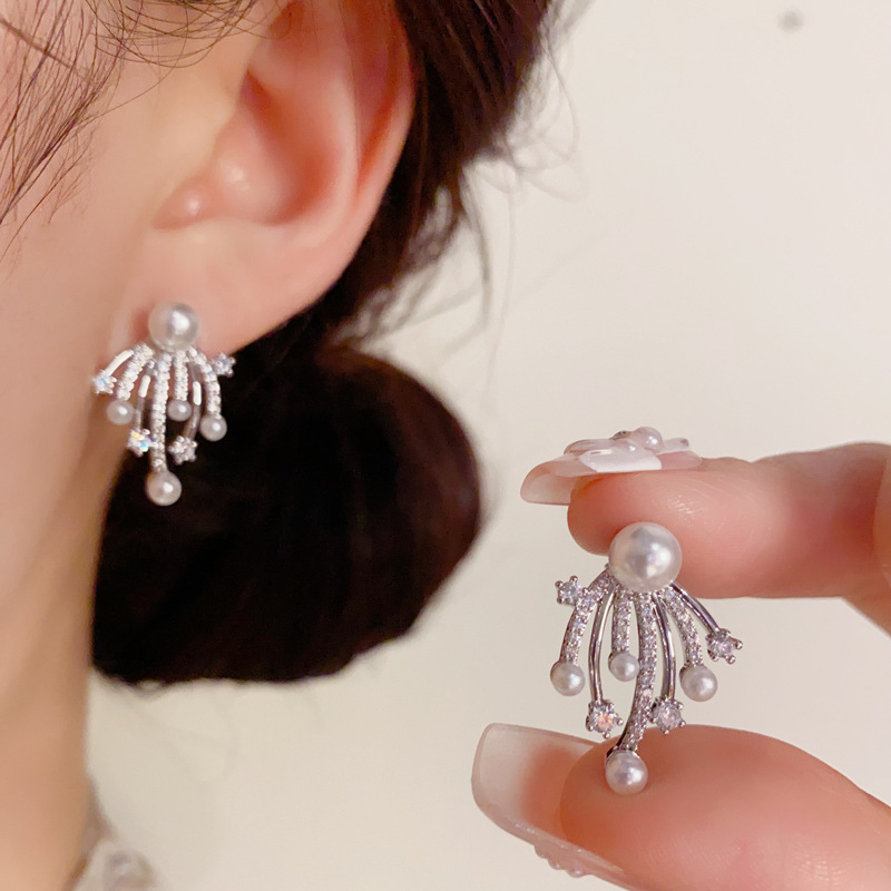 Bông tai ngọc trai pháo hoa xi bạc 925 cao cấp, bông tai thiết kế đẹp lạ độc đáo B3084