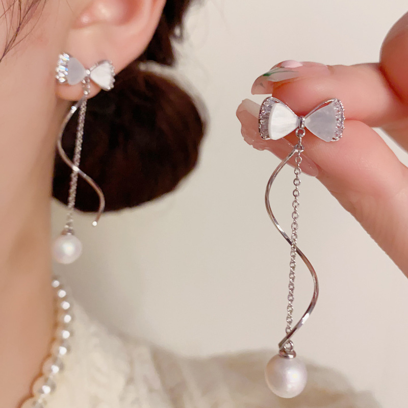 Bông tai NƠ ĐÁ vỏ sò mix đá zircon cao cấp giọt ngọc thanh mảnh nhẹ nhàng B3095