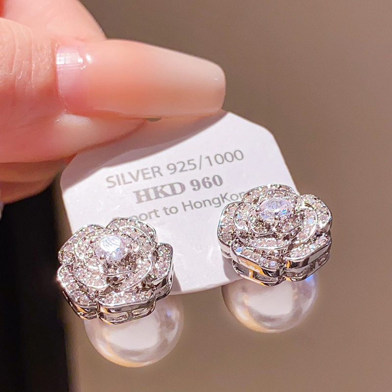 Bông tai HOA HỒNG đá xi bạc 925 full đá zircon ngọc sau cao cấp, bông tai thiết kế Hàn quốc B2946