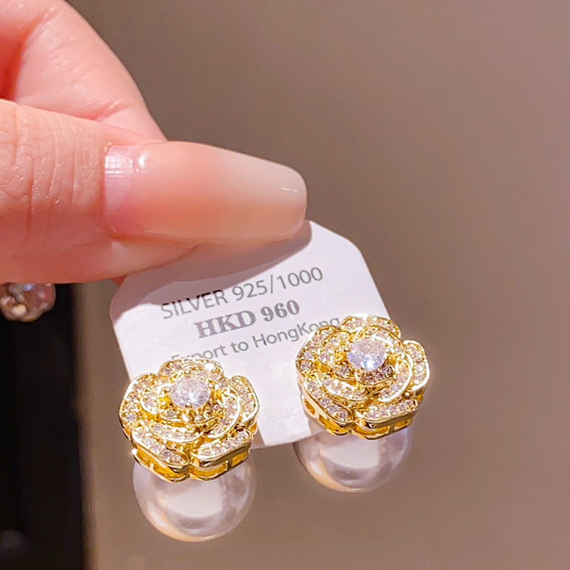 Bông tai HOA HỒNG đá xi vàng pha full đá zircon ngọc sau cao cấp, bông tai thiết kế Hàn quốc B2947