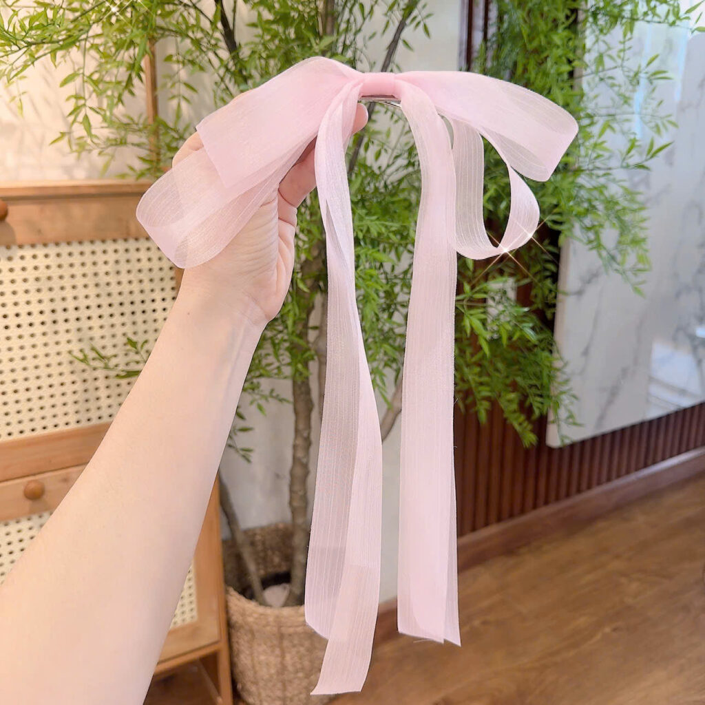 Kẹp tóc mỏ vịt NƠ voan màu HỒNG NHẠT dáng dài tiểu thư B3036