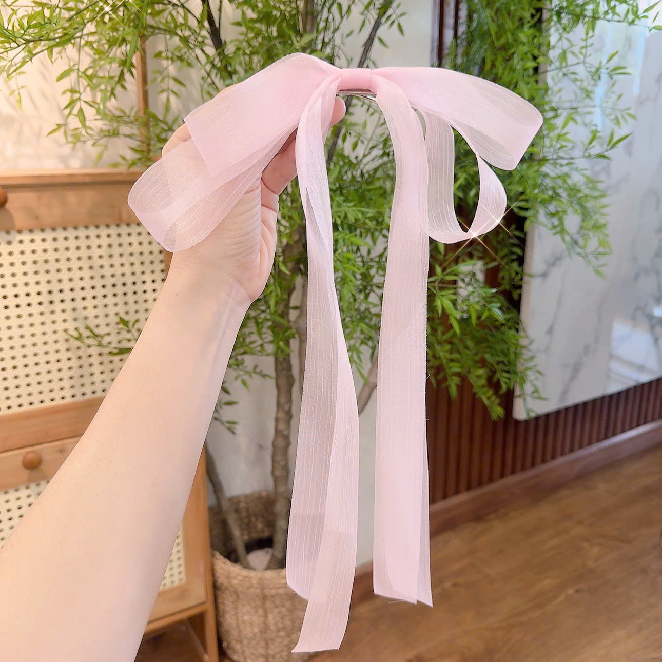 Kẹp tóc mỏ vịt NƠ voan màu HỒNG NHẠT dáng dài tiểu thư B3036