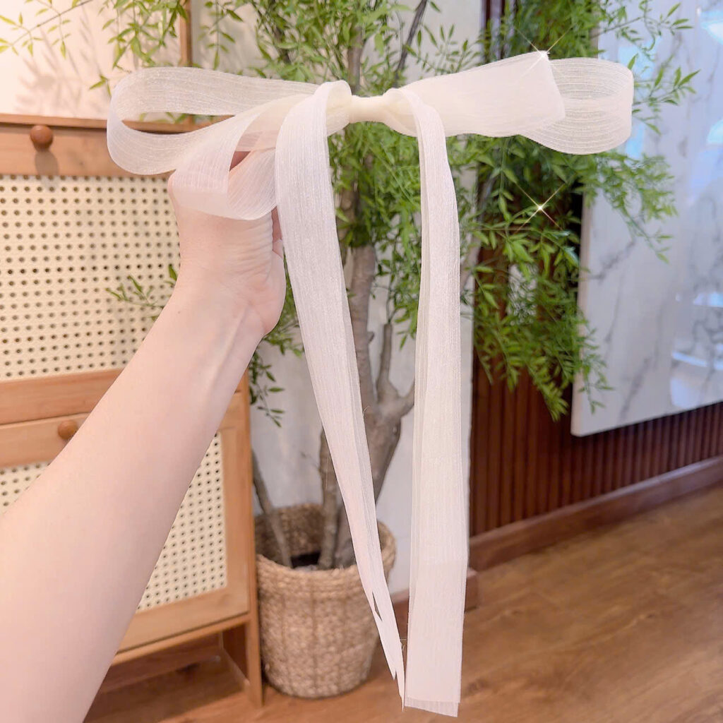 Kẹp tóc mỏ vịt NƠ voan màu KEM dáng dài tiểu thư B3037