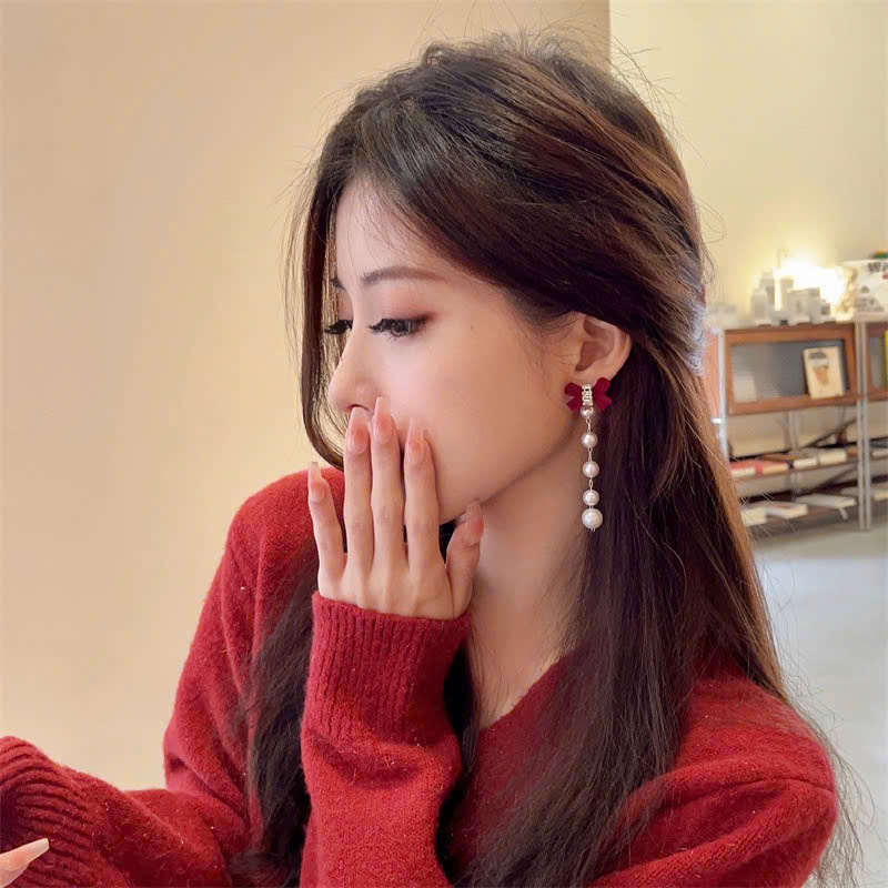 Bông tai NƠ ĐỎ giọt nước xi cao cấp B03568