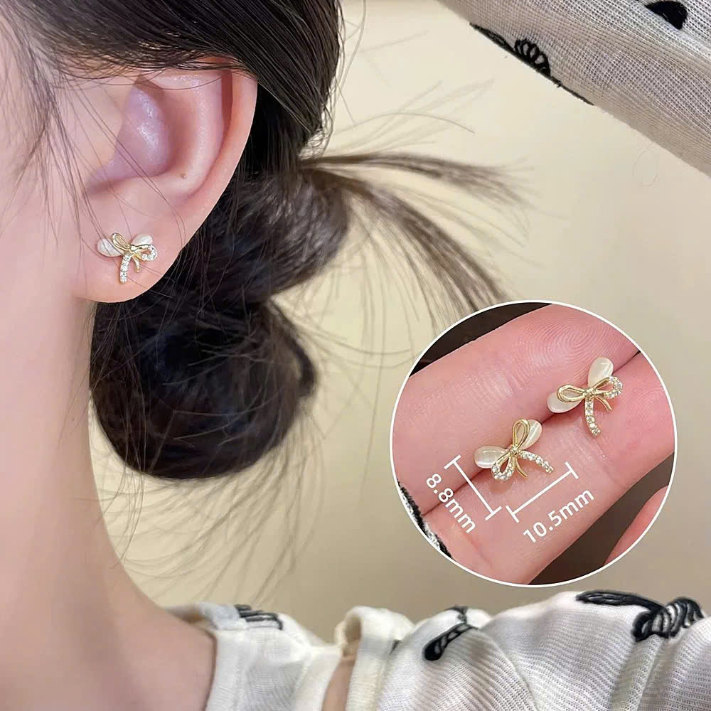 Bông tai NƠ ĐÁ mắt mèo xi vàng pha cao cấp B02756