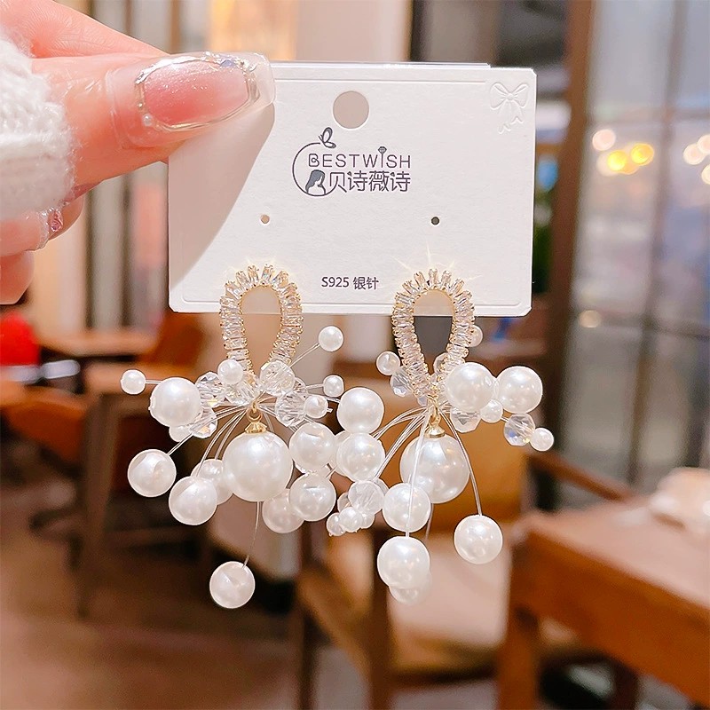 Bông tai TUA RUA ngọc trai pha lê cao cấp thiết kế HÀN QUỐC độc đáo, bông tai đi tiệc sang trọng B3447