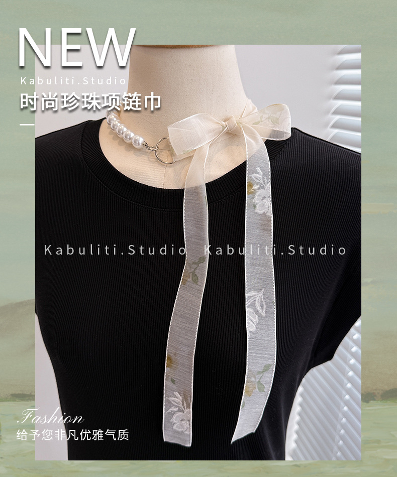 Vòng cổ ngọc trai, khăn lụa dài mỏng họa tiết VÀNG TRẮNG nhạt độc đáo B3131
