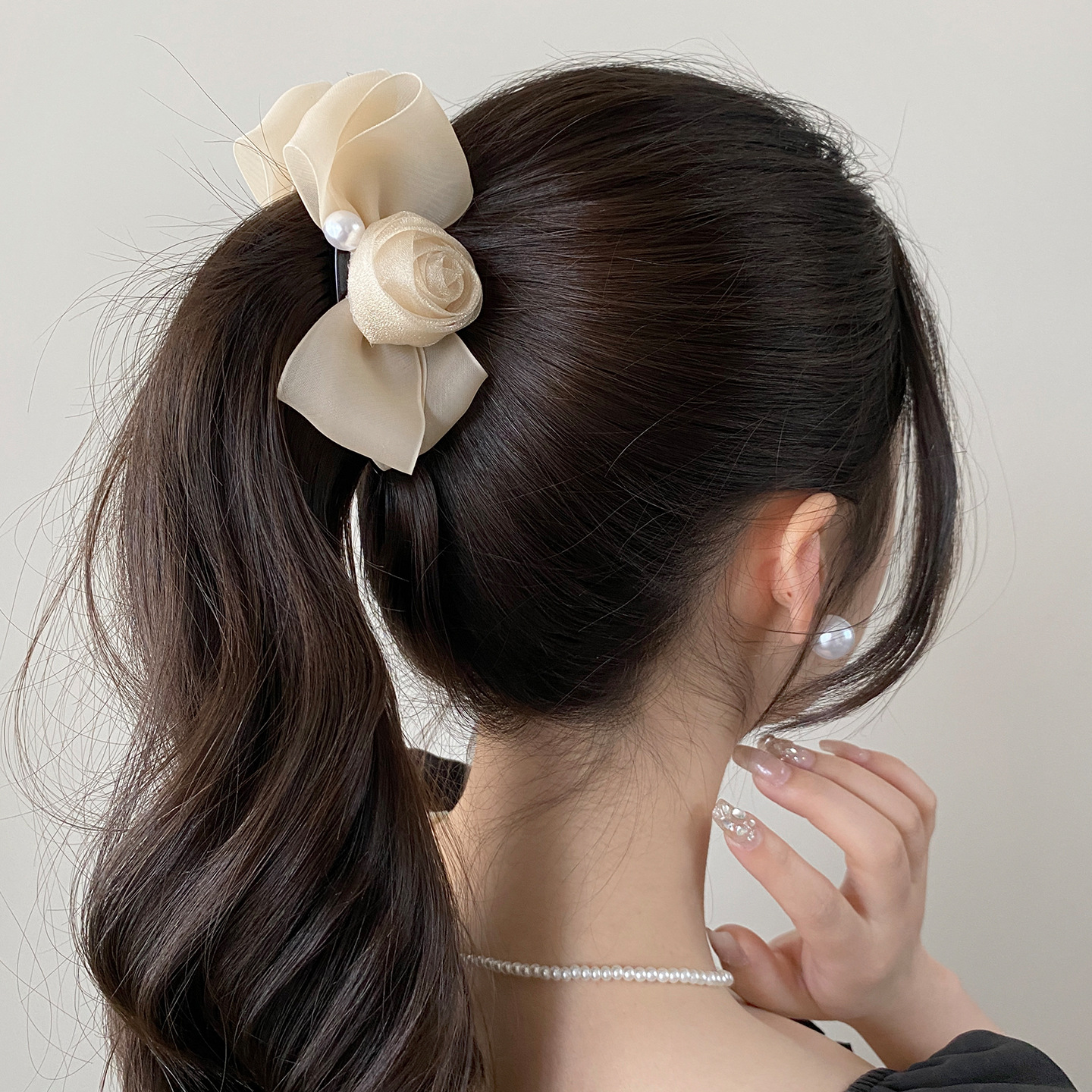 Kẹp dọc tóc NƠ HOA HỒNG màu KEM cao cấp, phụ kiện kẹp tóc nữ độc đáo, kẹp tóc nữ đẹp B3421