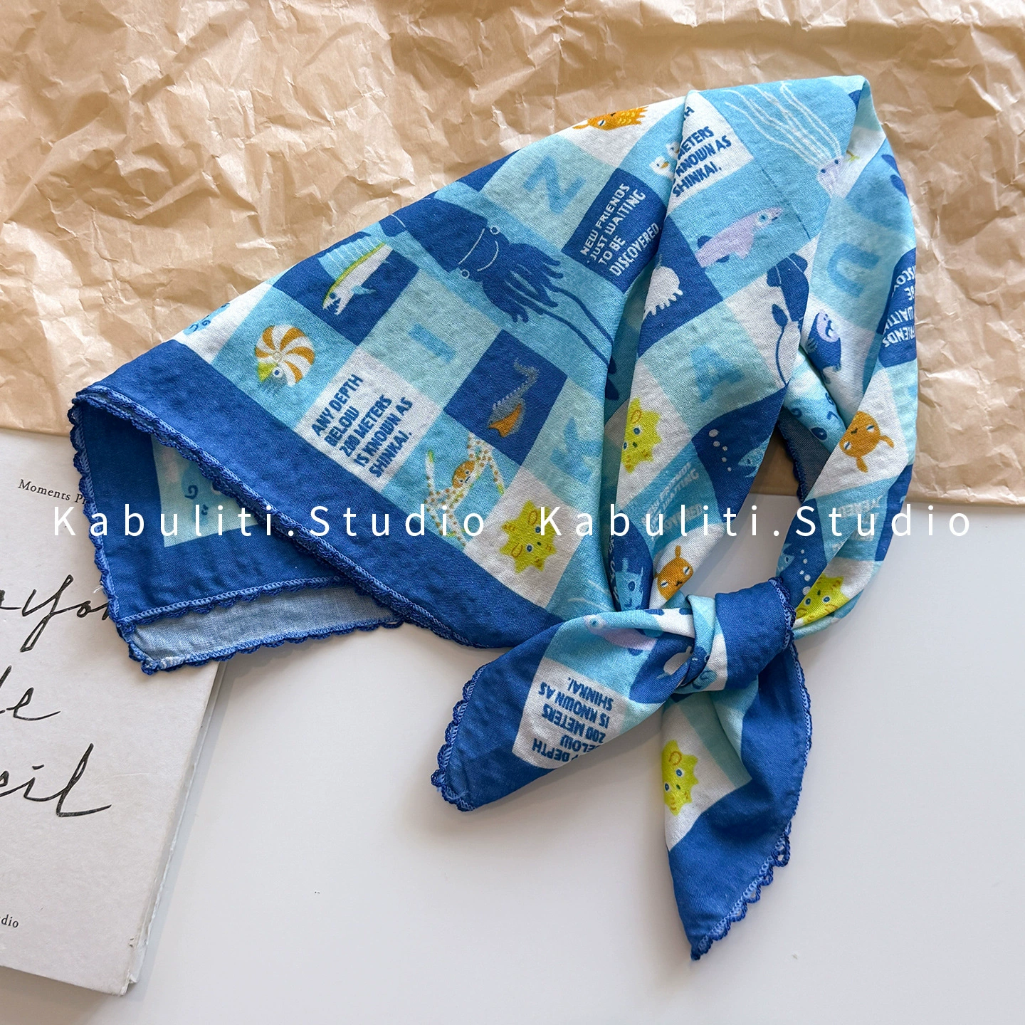 Băng đô, khăn quàng cổ vải lanh “Đi tìm Nemo” xanh lam, phụ kiện tóc độc đáo B3140