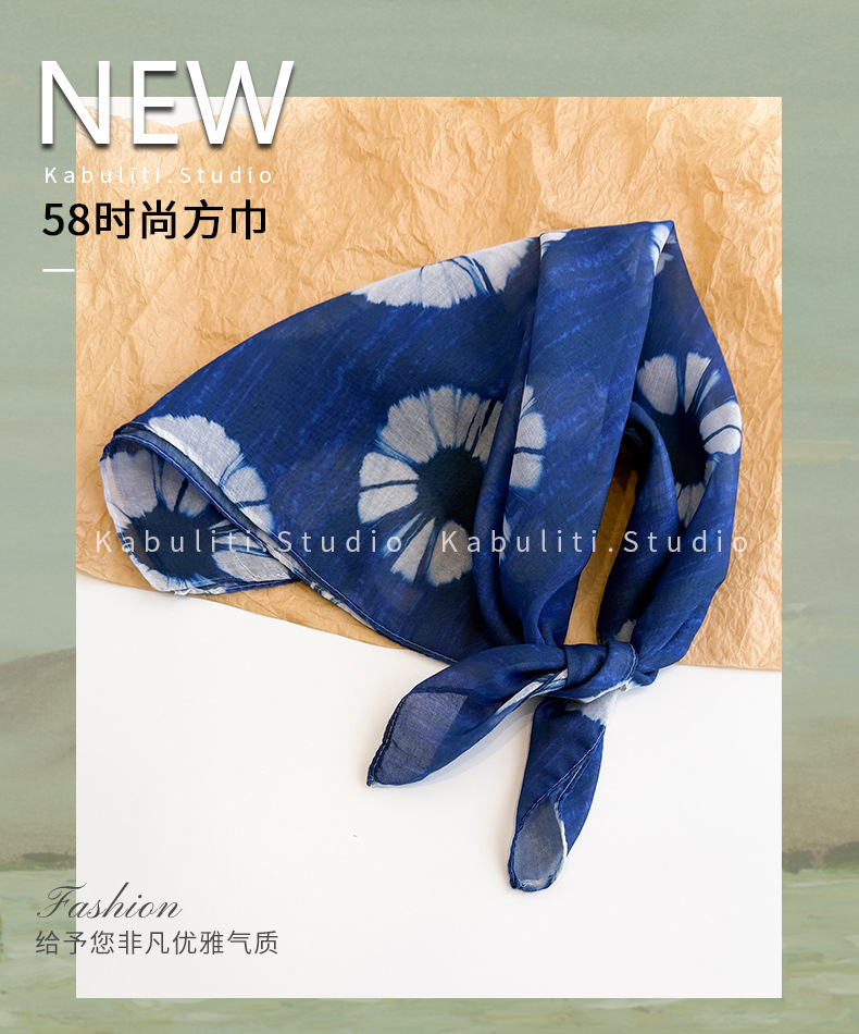 Khăn vuông HOA XANH NAVY quàng cổ, băng đô, phụ kiện tóc độc đáo phong cách B3134