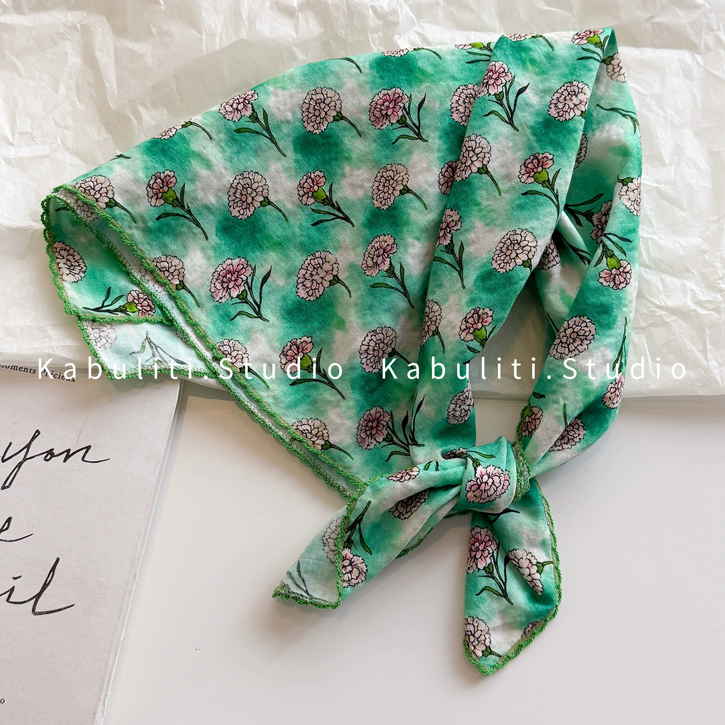 Băng đô, khăn quàng cổ vải lanh HOA CẨM CHƯỚNG xanh lá, phụ kiện tóc đẹp B3142