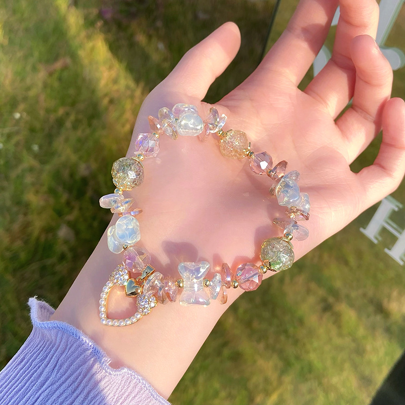 Vòng tay nữ hạt THỦY TINH pha LÊ XANH HỒNg mặt trái tim cao cấp freesize, Lắc tay thiết kế Hàn Quốc, quà tặng bạn gái độc đáo B3647