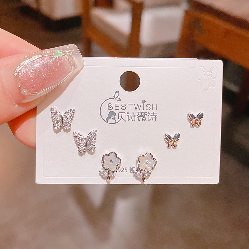 Bộ 3 đôi HOA TAI HOA BƯỚM xi bạc 925 cao cấp, bông tai thời trang đi tiệc độc đáo B3452
