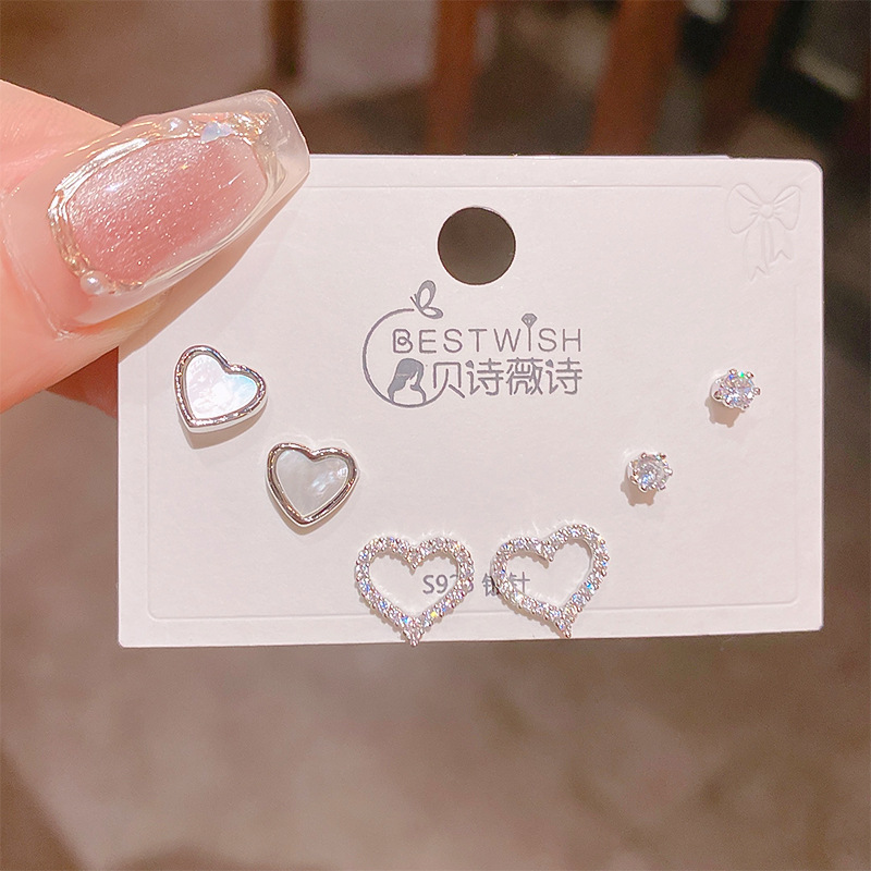 Bộ 3 đôi HOA TIA TRÁI TIm xi bạc 925 cao cấp, phụ kiện bông tai nhí xinh đẹp B3453