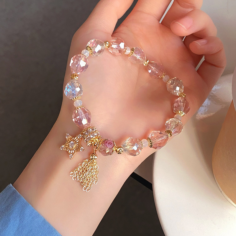 Vòng tay nữ Pha lê HỒNG TRẮNG ngôi sao tua rua cao cấp freesize, Lắc tay thiết kế Hàn Quốc, quà tặng bạn gái độc đáo B3649