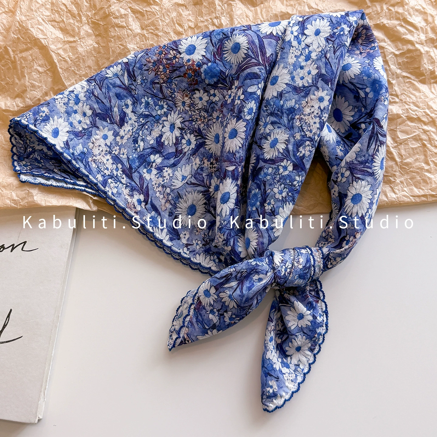 Băng đô, khăn quàng cổ vải lanh CÚC TRẮNG xanh TÍM, phụ kiện tóc đẹp B3145