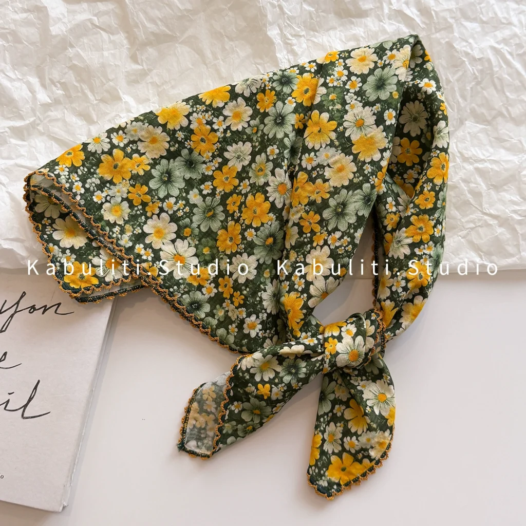 Băng đô, khăn quàng cổ vải lanh CÚC HỌA MI xanh vàng, phụ kiện tóc độc đáo B3146