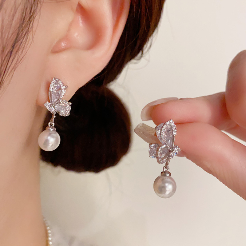 Bông tai HỒ ĐIỆP FUll đá zircon xi BAC 925 cao cấp, hoa tai thiết kế hàn quốc độc đáo B3486