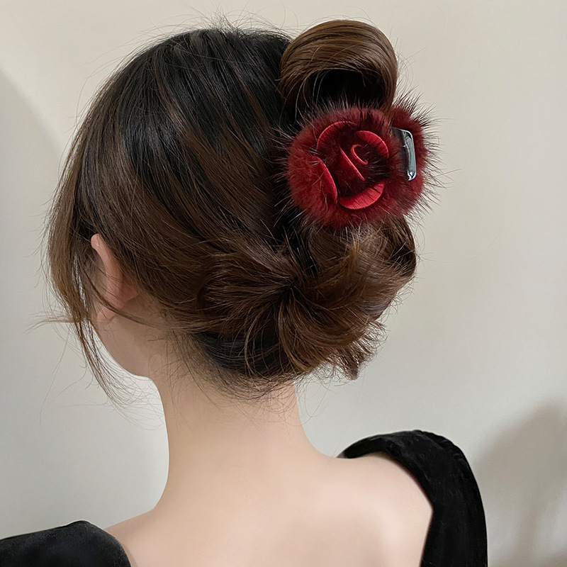 Kẹp gắp tóc lông HOA HỒNG ĐỎ, kẹp tóc nữ đẹp độc đáo, phụ kiện kẹp tóc đep B3322