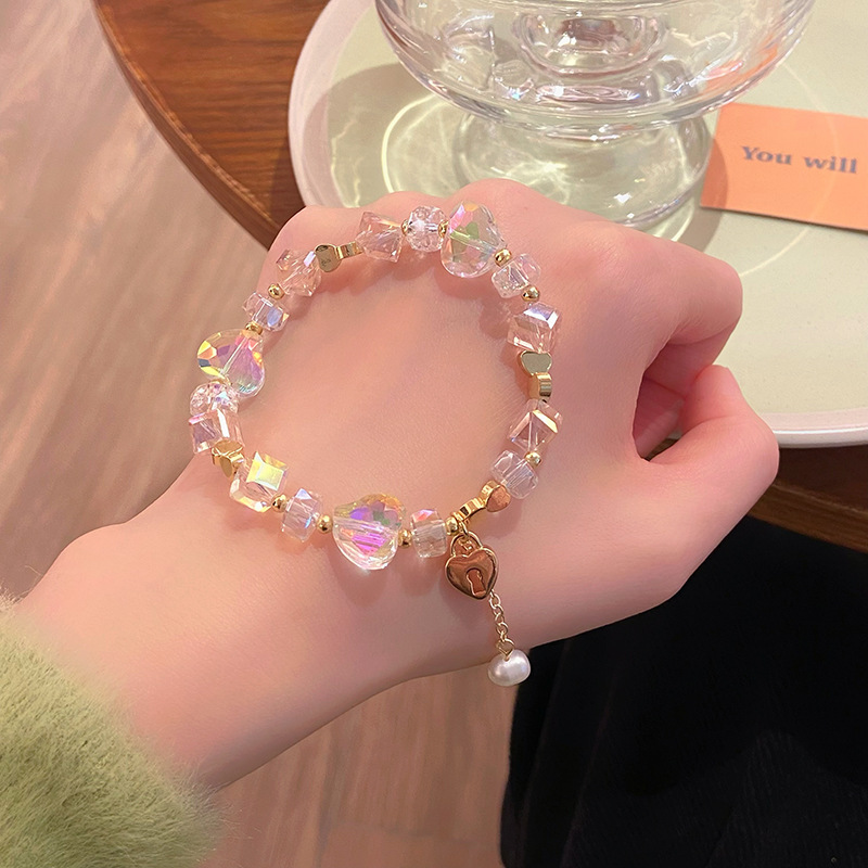 Vòng tay nữ Pha Lê HỒNG trái tim cao cấp freesize, Lắc tay thiết kế Hàn Quốc, quà tặng bạn gái độc đáo B3652