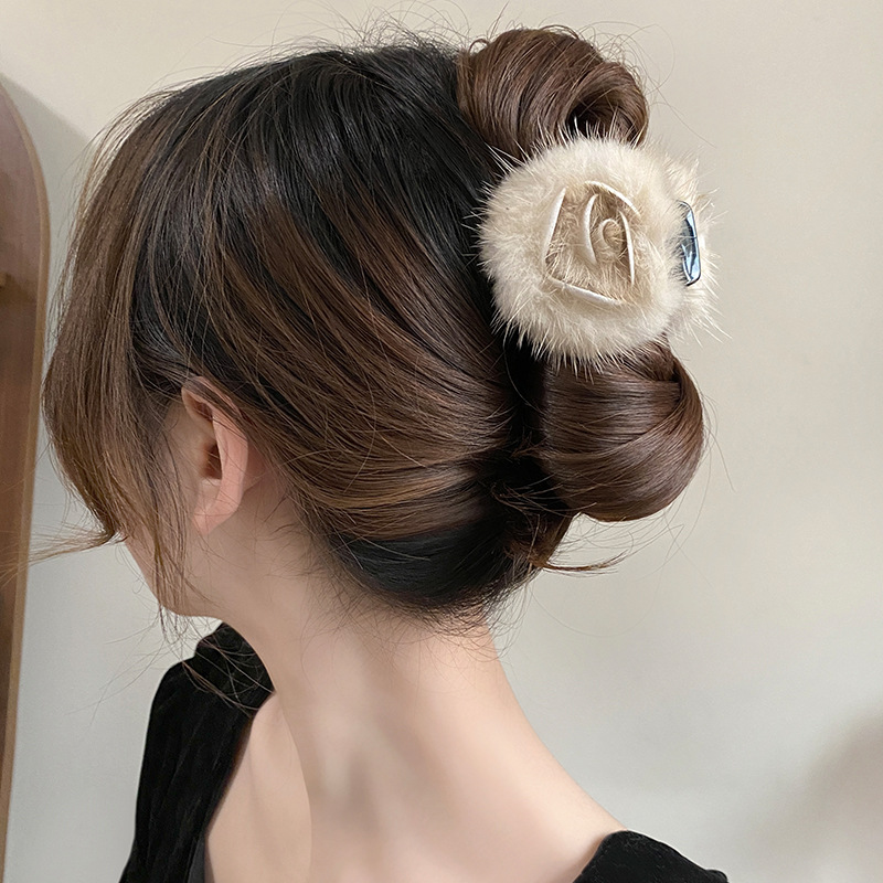 Kẹp gắp tóc lông HOA HỒNG màu BE, kẹp tóc nữ đẹp độc đáo, phụ kiện kẹp tóc đep B3323