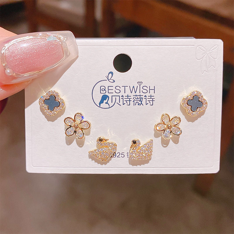 Bộ 3 đôi hoa tai HOA, CỎ 4 LÁ, THIÊN NGA xi vàng pha cao cấp, bông nhí sát tai thiết kế độc đáo B3458