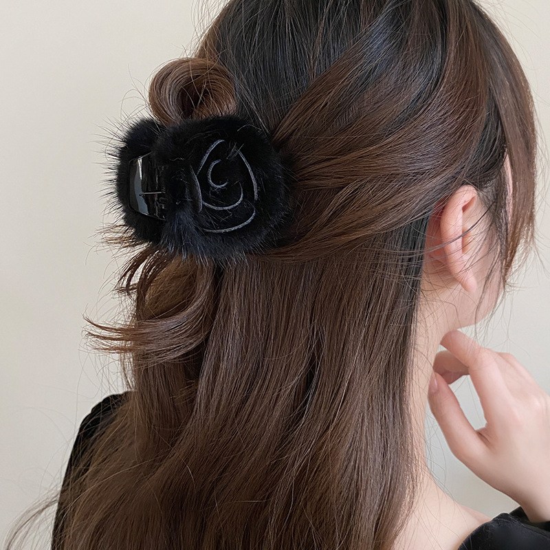 Kẹp gắp tóc lông HOA HỒNG màu ĐEN, kẹp tóc nữ đẹp độc đáo, phụ kiện kẹp tóc đep B3324