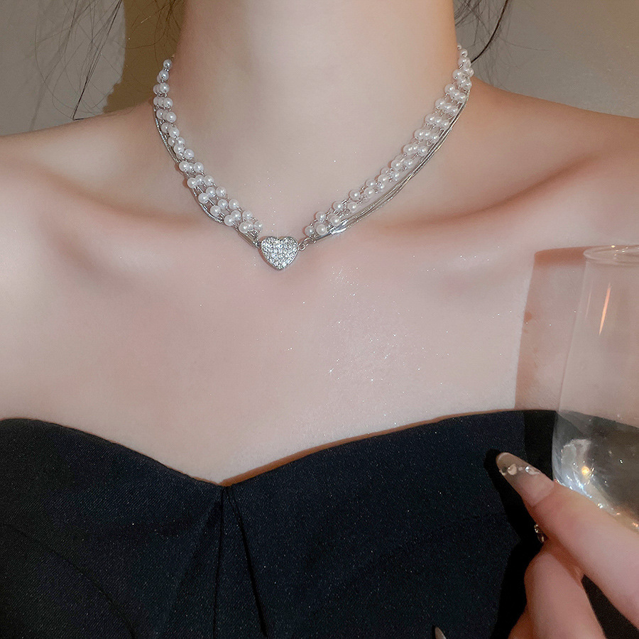 Dây chuyền TRÁI TIM nam châm đính đá mix nhiều dây ngọc mảnh thời trang, phụ kiện vòng cổ thời trang đi tiệc B3606