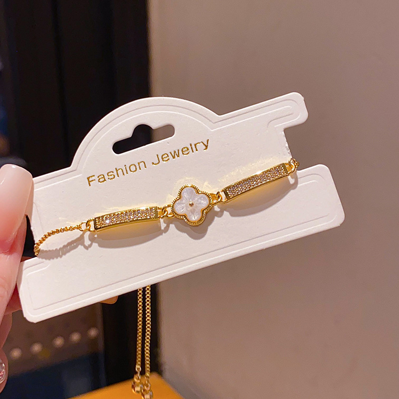 Lắc tay CỎ 4 lá may mắn xà cừ đính đá zircon xi vàng pha cao cấp, lắc tay quà tặng độc đáo B3265