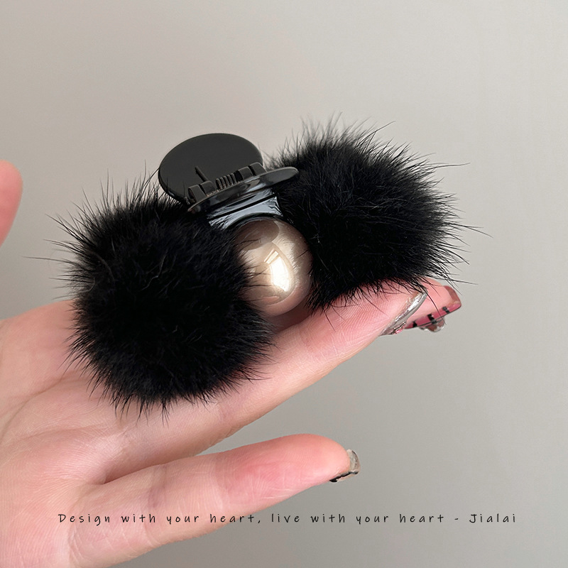 Kẹp tóc lông ĐEN ngọc vàng  nửa tóc 7cm, phụ kiện tóc tiểu thư độc đáo nửa tóc sau B3329