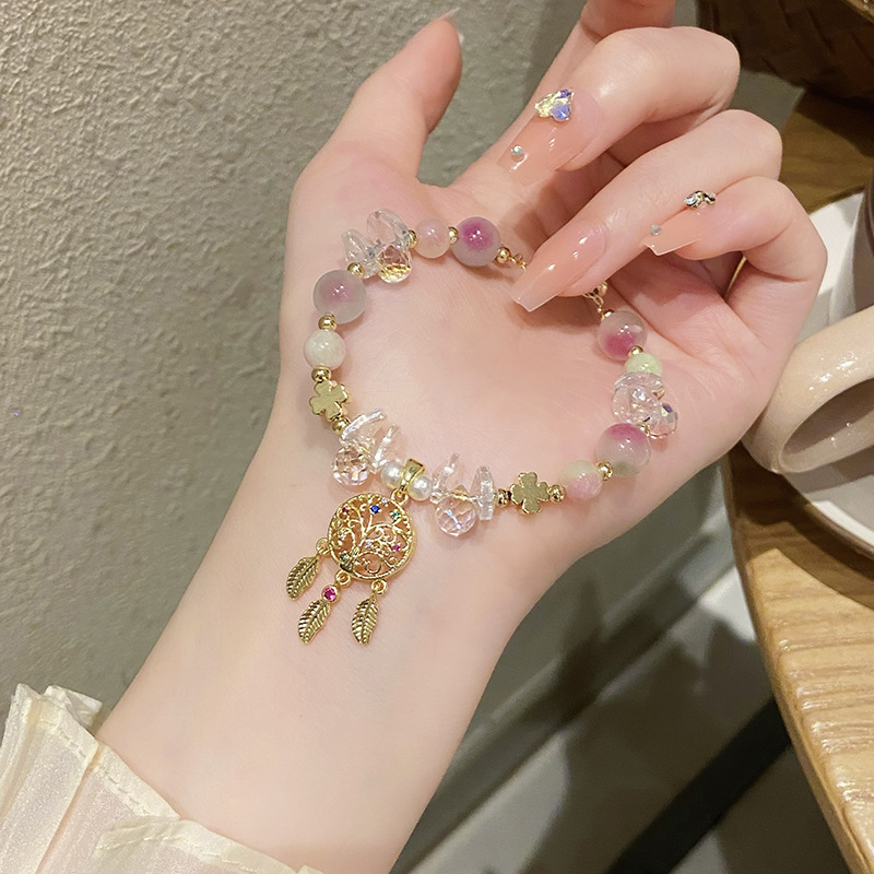 Vòng tay đá Dreamcatcher GIẤC MƠ ĐẸP đá trắng HỒNG TÍM pha lê freesize, phụ kiện vòng tay đẹp, quà tặng bạn gái độc đáo B3659