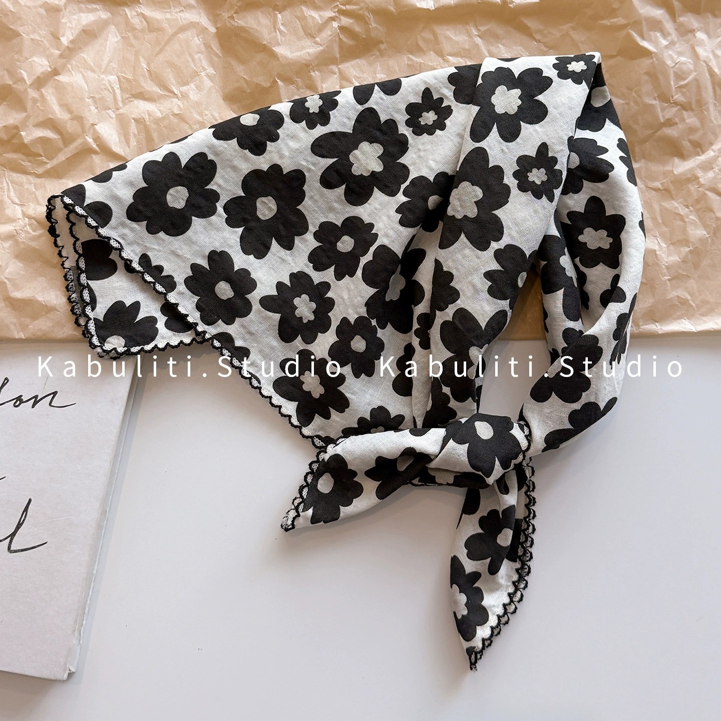 Băng đô, khăn quàng cổ vải lanh HOA ĐEN TRẮNG cao cấp, phụ kiện tóc độc đáo B3148