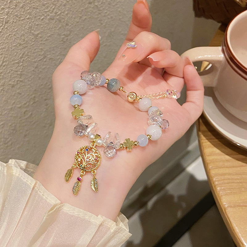 Vòng tay đá Dreamcatcher GIẤC MƠ ĐẸP đá trắng xanh nhạt pha lê freesize, phụ kiện vòng tay đẹp, quà tặng bạn gái độc đáo B3660