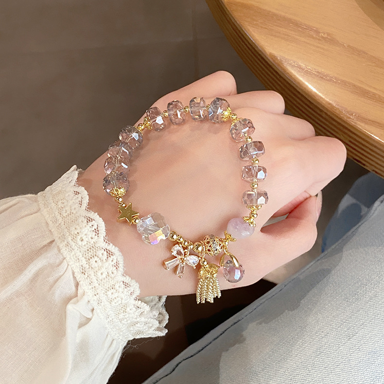 Vòng tay nữ Đá thạch anh TÍM oải hương NƠ ĐÁ cao cấp freesize, Lắc tay thiết kế Hàn Quốc, quà tặng bạn gái độc đáo B3634