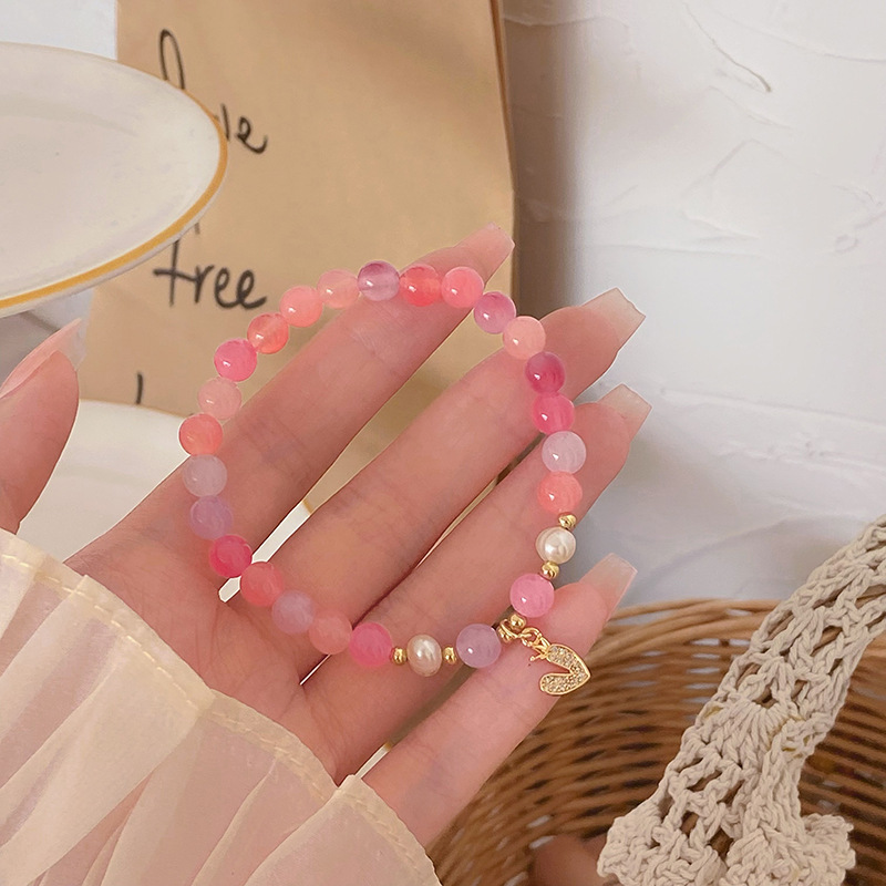 Vòng tay đá mã não HỒNG cao cấp trái tim tình yêu freesize, phụ kiện vòng tay đẹp, quà tặng bạn gái độc đáo B3662