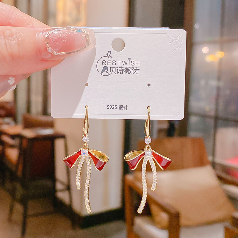 Bông tai NƠ ĐỎ dáng dài thiết kế HÀN QUỐC cao cấp, phụ kiện hoa tai đi tiệc độc đáo B3469