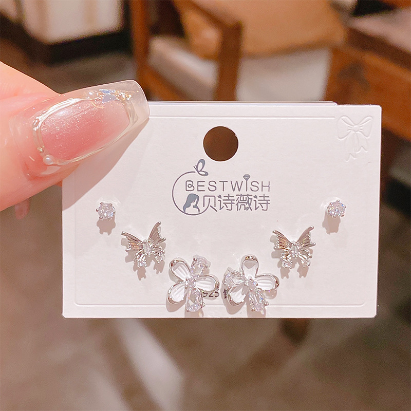 Bộ 3 đôi hoa tàai HOA BƯỚM đính đá xi bạc 925 cao cấp, bông tai thiết kế HÀN QUỐC B3471