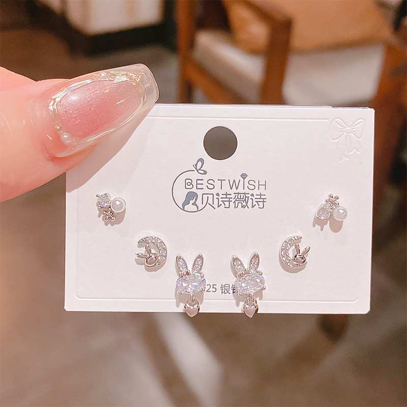 Bộ 3 đôi bông tai THỎ MẶT TRĂNG xi bạc 925 cao cấp B3472