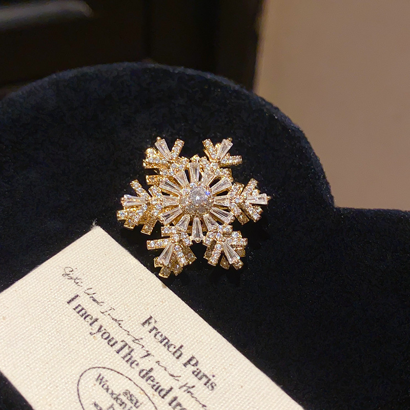 Trâm cài áo BÔNG TUYẾT trục xoay ĐÁ TRẮNG viền xi vàng pha cao cấp, trâm cài áo nữ độc đáo B3278