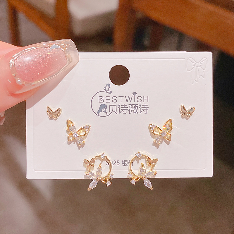 Bộ 3 đôi hoa tai HOA BƯỚM đính đá zircon cao cấp, phụ kiện bông tai nhí xinh đẹp B3474