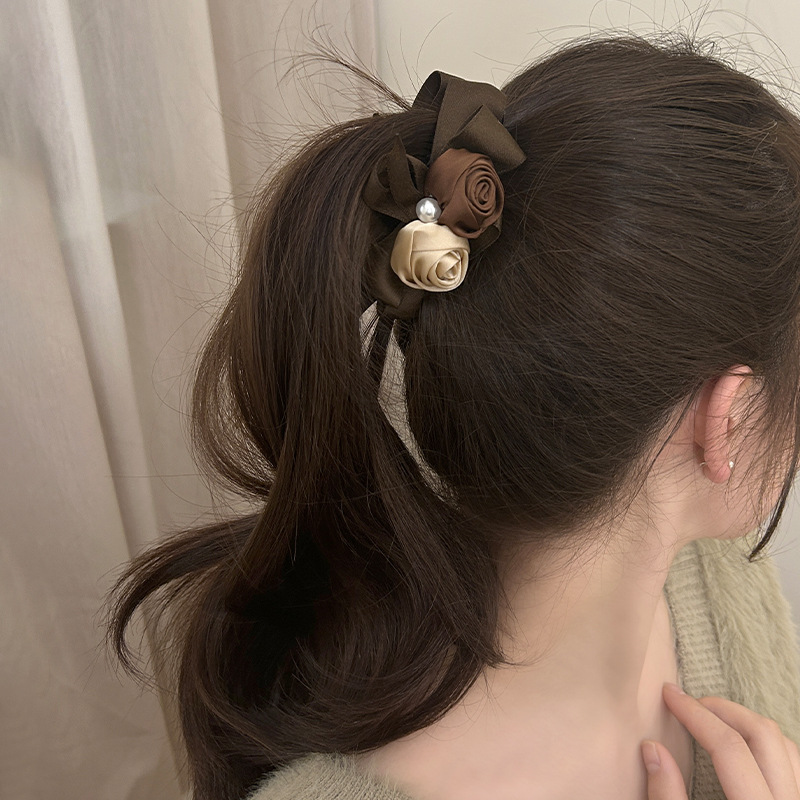 Kẹp dọc tóc HOA hồng NÂU DA nền NÂU cao cấp, kẹp tóc nữ đẹp độc đáo, quà tặng B3341