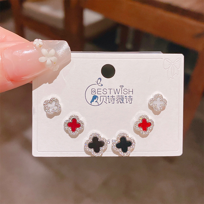 Bộ 3 đôi hoa tai CỎ 4 Lá 3 màu độc đáo viền đá zircon xi bạc 925 cao cấp B3475