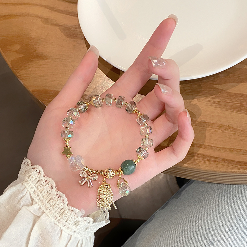 Vòng tay nữ Đá thạch anh XANH LÁ NƠ ĐÁ cao cấp freesize, Lắc tay thiết kế Hàn Quốc, quà tặng bạn gái độc đáo B3635