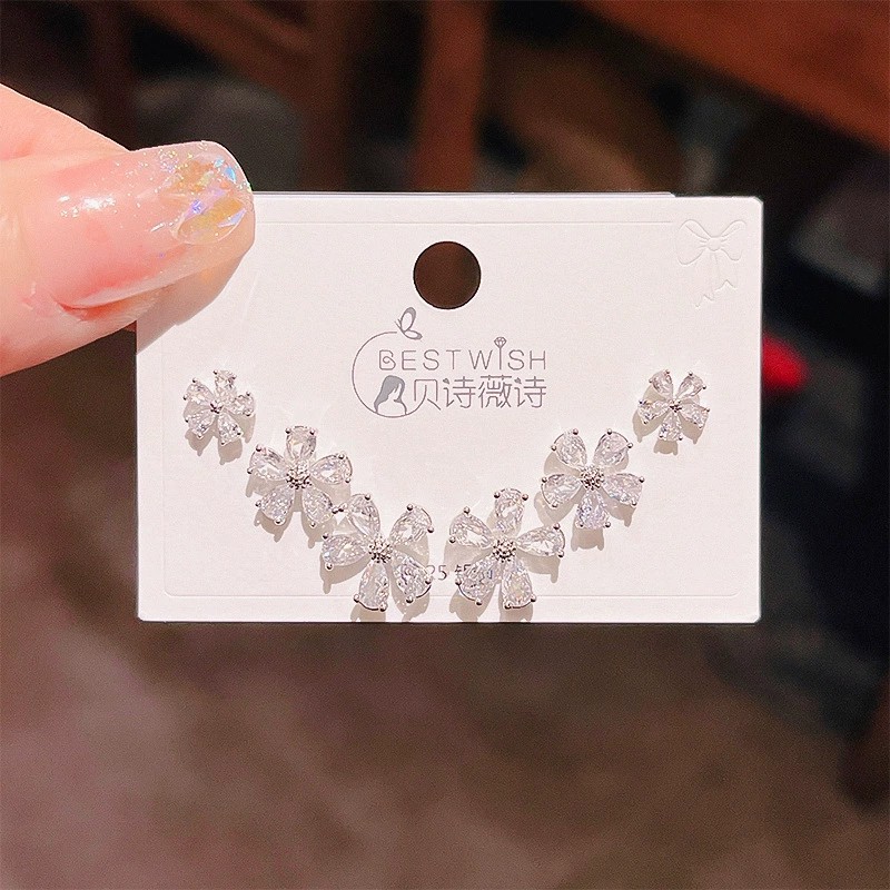 Bộ 3 đôi HOA TAi HOA 5 cánh đá zircon xi bạc 925 cao cấp, phụ kiện bông tai độc đáo B3439