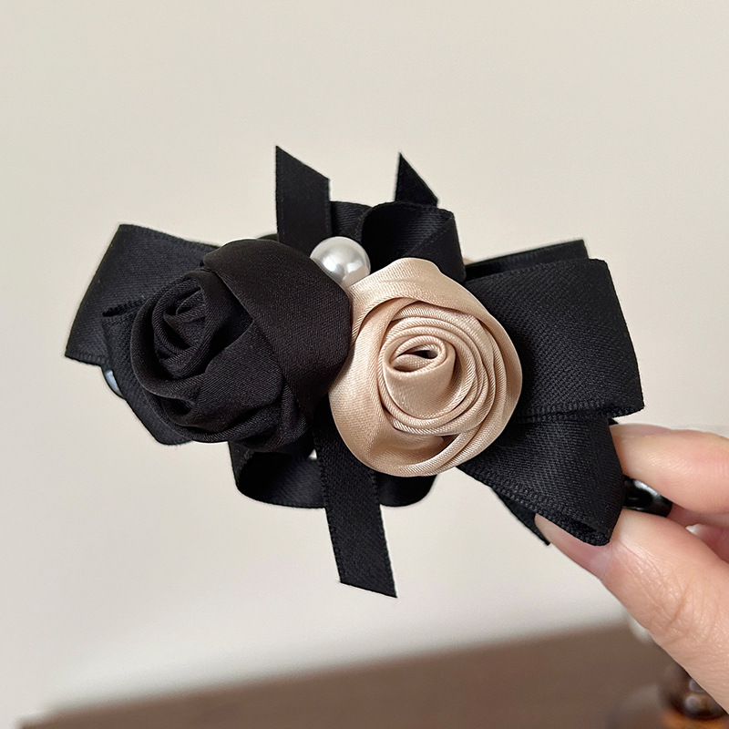 Kẹp dọc tóc HOA hồng ĐEN DA nền ĐEN cao cấp, kẹp tóc nữ thiết kế độc đáo B3342