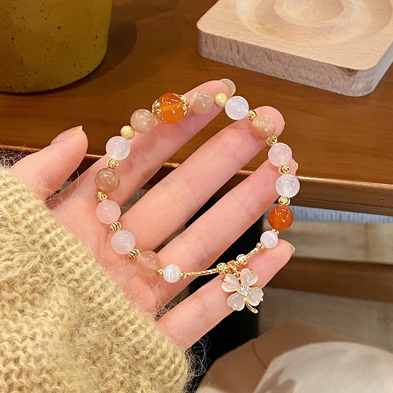 Vòng tay nữ cao cấp ĐÁ thạch anh màu Cam cỏ 4 lá may mắn freesize, phụ kiện vòng tay đẹp, quà tặng bạn gái độc đáo B3673