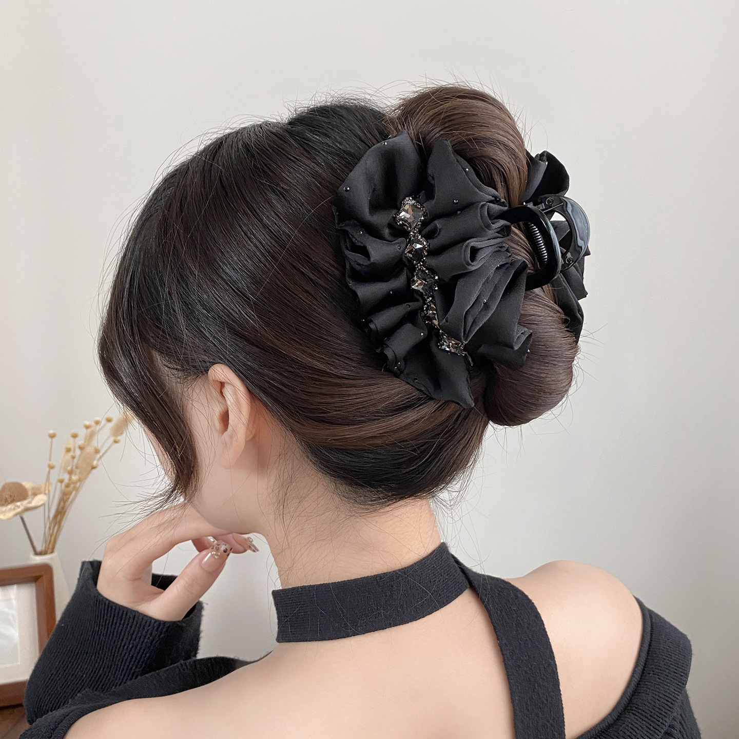 Kẹp gắp lớn xếp ly đính đá cao cấp tone màu ĐEN sang trọng, phụ kiện tóc nữ đẹp độc đáo B3344