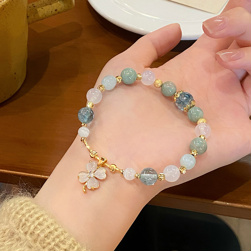 Vòng tay nữ đã thạch anh XANH mặt cỏ 4 lá cao cấp freesize, Lắc tay thiết kế Hàn Quốc, quà tặng bạn gái độc đáo B3674