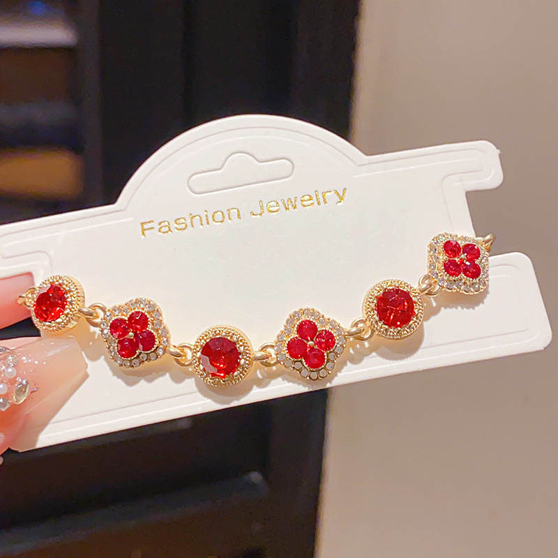 Lắc tay ĐÁ ĐỎ xi màu vàng, lắc tay nữ thời trang đi tiệc đính đá màu sắc B3294